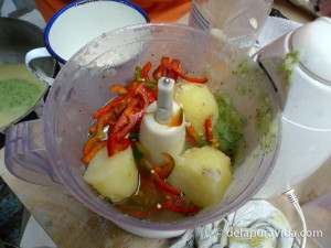 potatoes, veggies, and pork soup broth in food processor