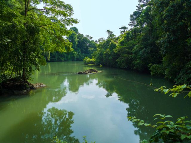 Crossing an emerald green Rio Claro on the Drake Bay hike, Osa Peninsula, Costa Rica