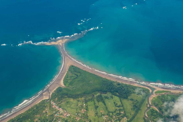 Aerial shot of the Whale's Tail in Marino Ballena National Park, Uvita, Costa Rica